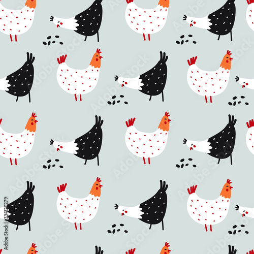 Seamless pattern of birds chickens and seeds. Texture for gift paper, bed linen, textiles.