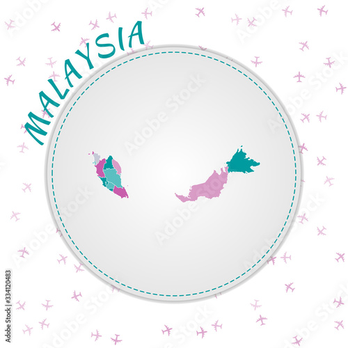 Malaysia map design. Map of the country with regions in emerald-amethyst color palette. Rounded travel to Malaysia poster with country name and airplanes background. Authentic vector illustration.