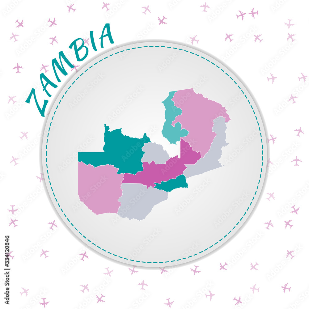 Obraz premium Zambia map design. Map of the country with regions in emerald-amethyst color palette. Rounded travel to Zambia poster with country name and airplanes background. Appealing vector illustration.