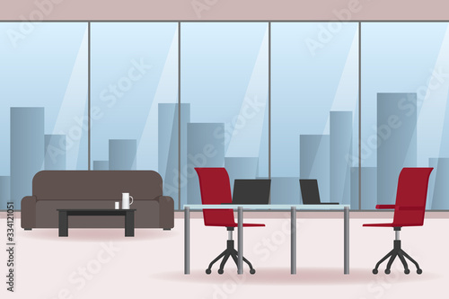 Office interior with red chairs and couch. Vector illustration.