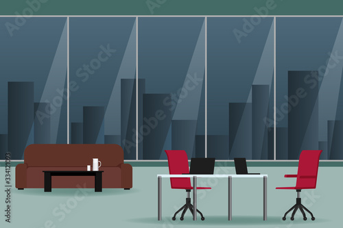 Empty office with red chairs and sofa. Vector illustration.