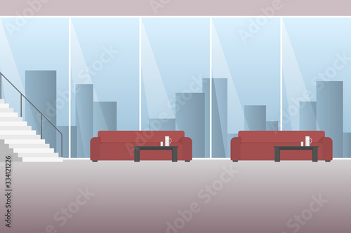 Couches and coffee tables in office room. Vector illustration.