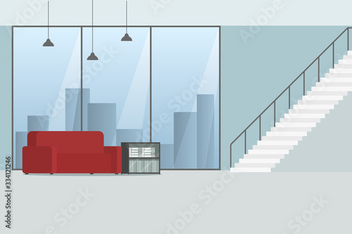 Divan in office with staircase. Vector illustration.