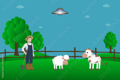 Flying saucer flies over farm. Vector illustration.