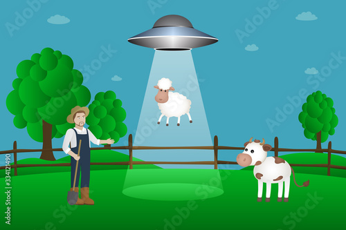 Flying saucer abducts sheep. Vector illustration.