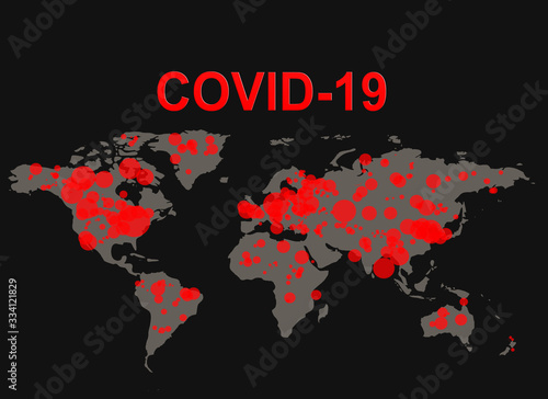 Outbreak Coronavirus. Inscription Covid-19 Pandemic on a world map. Coronavirus disease 2019 situation update worldwide. Covid-19 map confirmed cases report worldwide globally. 3D Rendering 