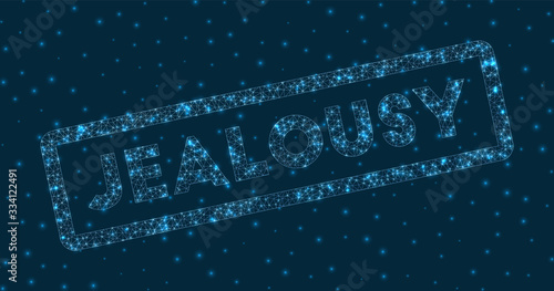 Jealousy word in digital style. Glowing geometric jealousy badge. Charming vector illustration.