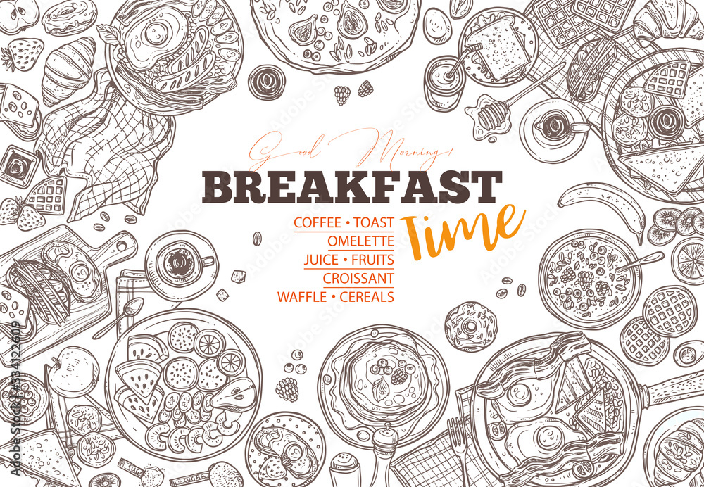 Breakfast food and good morning doodle background. Table top view with lunch. Vector sketch freehand illustration Breakfast food and good morning doodle background. Table top view with lunch. Vector sketch freehand illustration