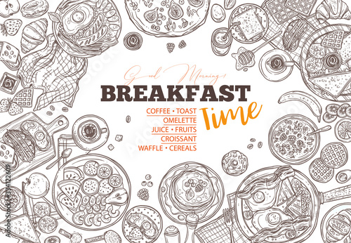 Breakfast food and good morning doodle background. Table top view with lunch. Vector sketch freehand illustration