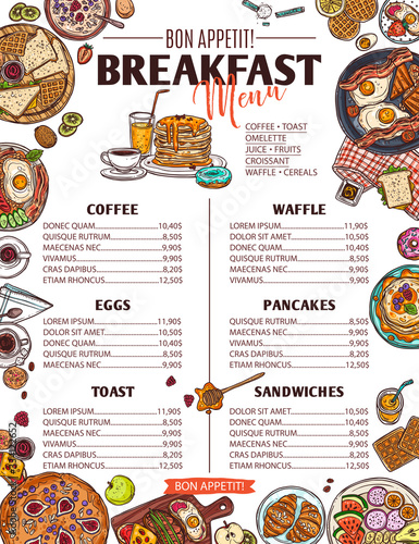 Breakfast food sketch menu. Design template and layout with doodle hand drawn vector illustration