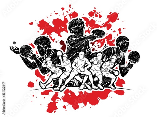 Group of Ping Pong players, Table Tennis players action cartoon sport graphic vector.