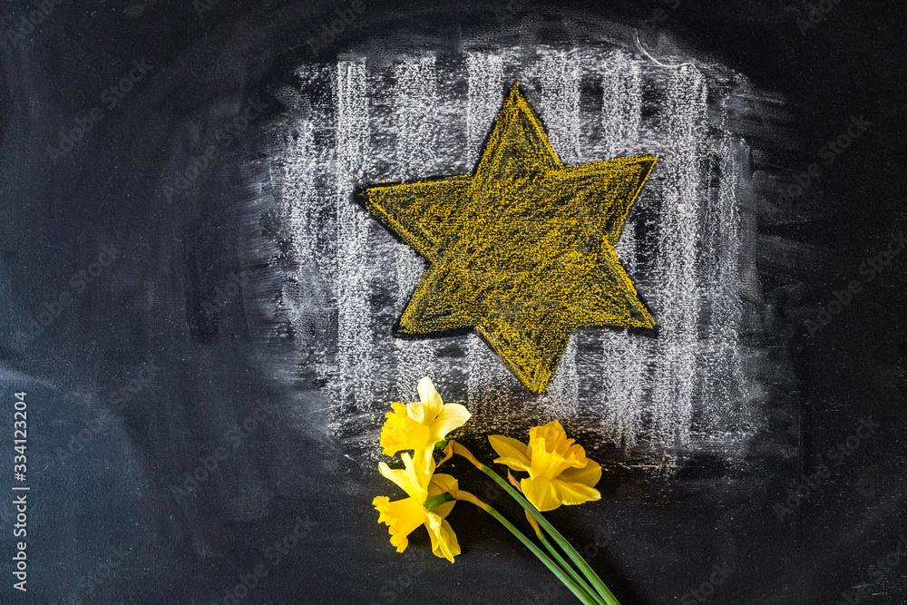 daffodils and Drawing the Star of David symbol on chalkboard