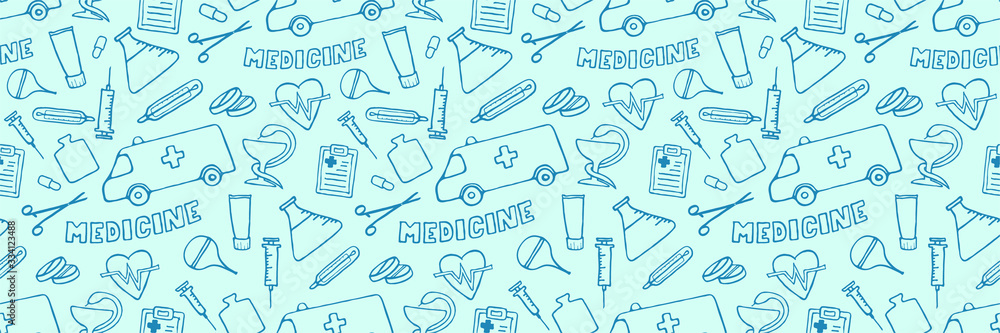 Header for medicine, science or pharmacy design. Seamless medical hand drawn background. Simple doodle health care pattern. Vector illustration. Header for medicine, science or pharmacy design. Seamless medical hand drawn background. Simple doodle health care pattern. Vector illustration.