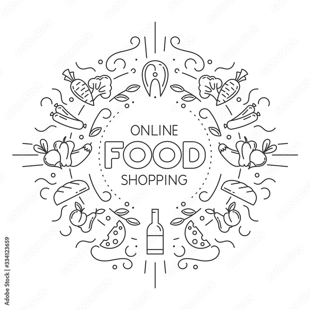 Fototapeta premium Online Food Shopping. Set of different groceries icons in line style on white background. Stock vector illustration.