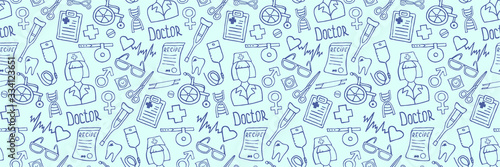 Header for medicine, science or pharmacy design. Seamless medical hand drawn background. Simple doodle health care pattern. Vector illustration.