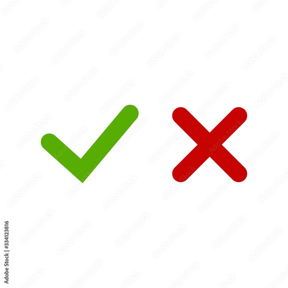 Green check mark and red cross web buttons. Tick and cross flat icon sumbol. Vector EPS 10 illustration. Green check mark and red cross web buttons. Tick and cross flat icon sumbol. Vector EPS 10 illustration.