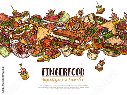 Poster with finger food background, template for menu, horizontal border. Snacks, appetizers, mini canapes, sandwiches, seafood, hamburger, rolls. Vector illustration in color hand drawn sketch style