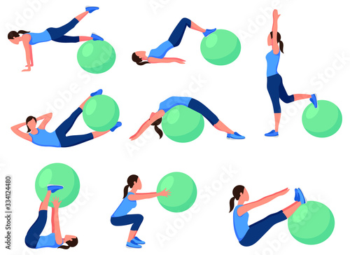 Set of exercises for fitball. Collection of fitness poses for girls for body elasticity. Colorful useful sports illustration.