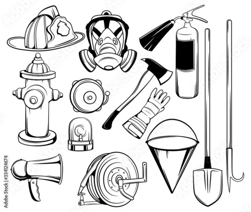 Set of fire equipment. Collection of items to prevent and safely eliminate fire. Profession for saving people from fire and difficult situations. Vector illustration on a white background.