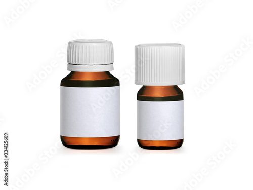 Brown medicine bottle with label isolated on white background