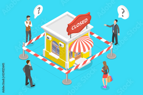 3D Vector Isometric Concept of Stores closing and Businesses Bankruptcy as Consequences of Coronavirus Covid-19 Outbreak, Restrictions implemented due to 2019-nCov.