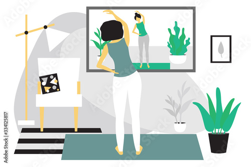 girl doing fitness at home in online classes. Girl Watching fitness Classes Online On TV.  Modern flat design concept of fitness. Bright vector illustration isolated on white background.