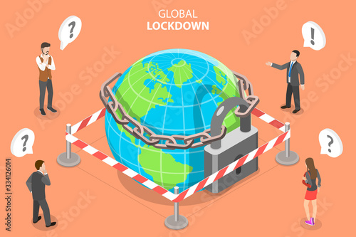 3D Vector Isometric Concept of Global Lockdown, Coronavirus Covid-19 Outbreak, Restrictions implemented due to 2019-nCov.