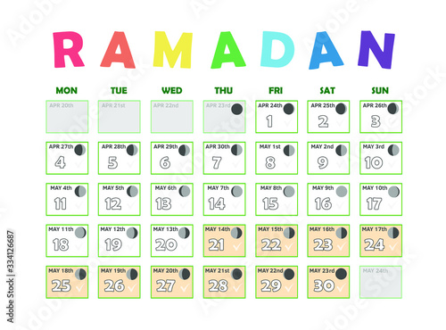 Ramadan calendar 2020. Fasting calendar, moon cycle phases, New moon. 30 days of Ramadan Islamic holy month. Vector graphic illustration