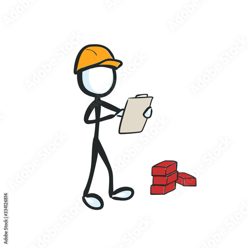 Construction worker wearing yellow safety helmet. Developement building plan. Hand drawn. Stickman cartoon. Doodle sketch, Vector graphic illustration