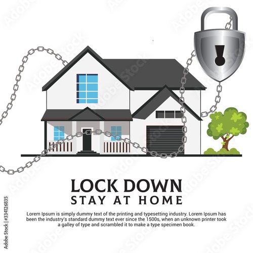 Lock Down are Coronavirus illustration concept with, chain, house, and padlock. Coronavirus 2019-ncov background tamplate