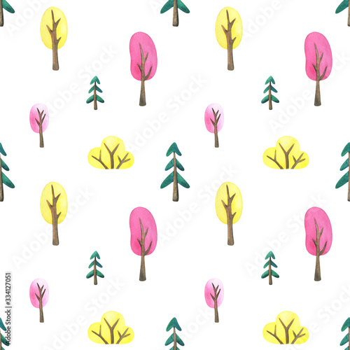 Nice forest. Seamless pattern on a white background. Multi-colored trees painted by watercolor. Stylish, minimalistic design. Pink, blue, green. Children's print for fabric, paper, packaging