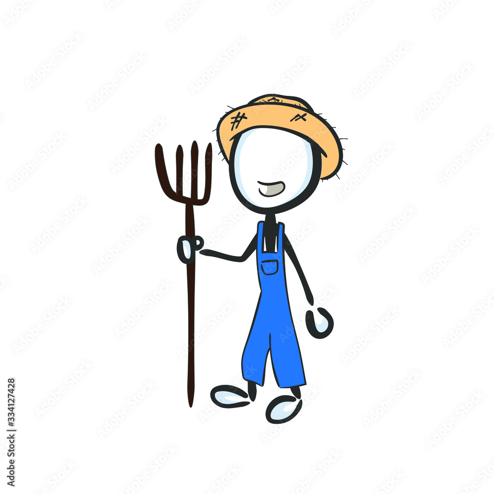 Happy farmer wearing hay hat. Village life. Hand drawn. Stickman cartoon. Doodle sketch, Vector graphic illustration