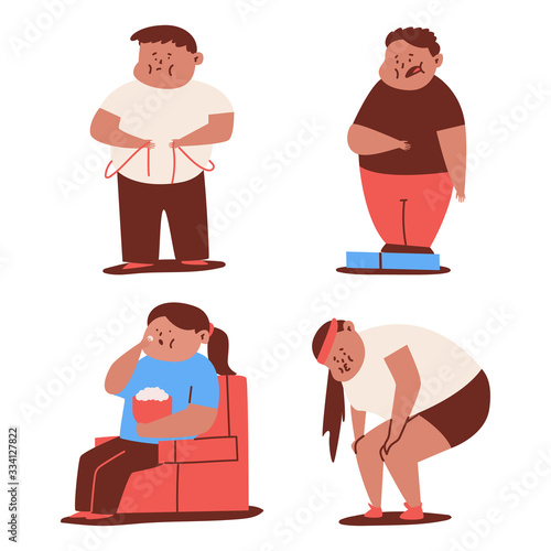 Obesity and fat children vector cartoon set isolated on a white background.