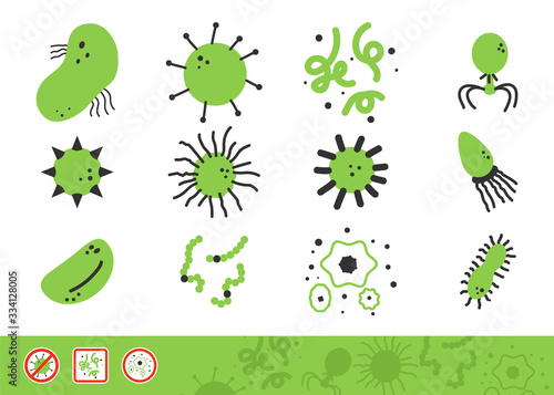 Bacteria and virus vector icons set isolated on a white background.