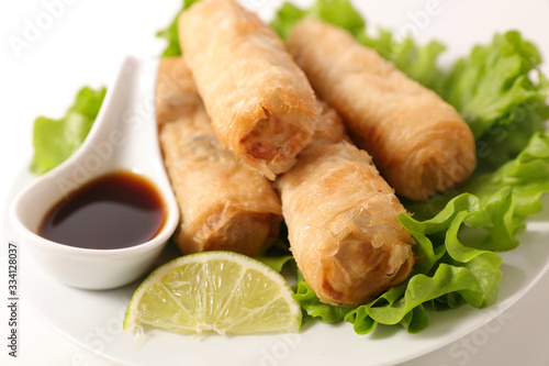 fried spring roll with soy sauce and lettuce