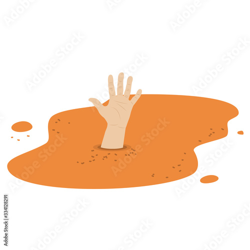 Human hand in quicksand vector cartoon illustration isolated on a white background.