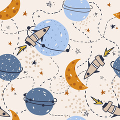 Crédence de cuisine Cosmos patrons Ciel nocturne fusées et constellations colorées  © Talirina
