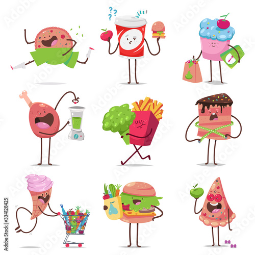 Cute fast food characters on diet vector cartoon set isolated on a white background. Healthy and unhealthy food concept illustration.