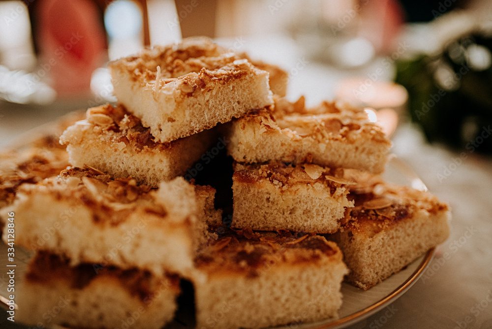 fresh butter cake on a plate with blurry background