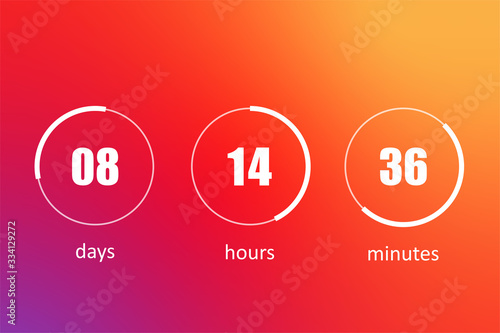Flip countdown clock counter timer on gradient social media background. Flip board with scoreboard of day, hour, minutes and seconds for web page upcoming event template.