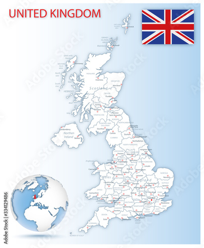 Detailed map of United Kingdom administrative divisions with country flag and location on the globe. Vector illustration