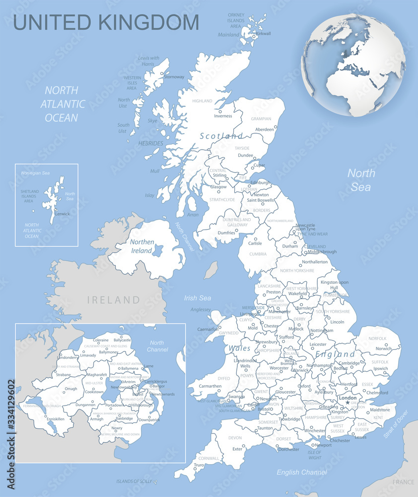 Fototapeta premium Blue-gray detailed map of United Kingdom and administrative divisions and location on the globe. Vector illustration