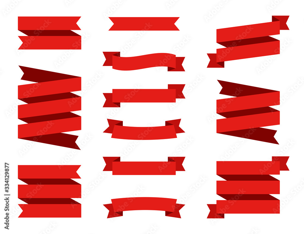 Set red ribbons banners isolated on white background. Illustration set of blue tape. Collection flags, decorative elements, labels and streamers. Set red ribbons banners isolated on white background. Illustration set of blue tape. Collection flags, decorative elements, labels and streamers.