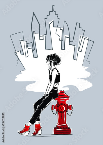 Fashion woman in sketch style on gray background. New York street fashion.