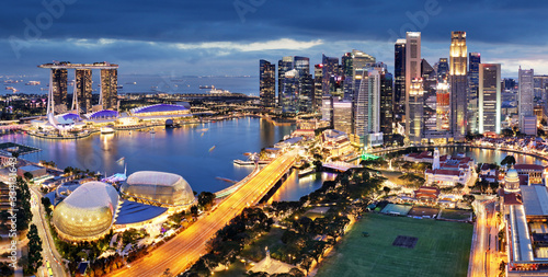 Singapore business district and city at twilight  Asia - panorama