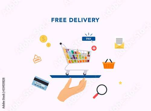 Free service. Hand holding tray with food cart. Free food delivery in flat style.