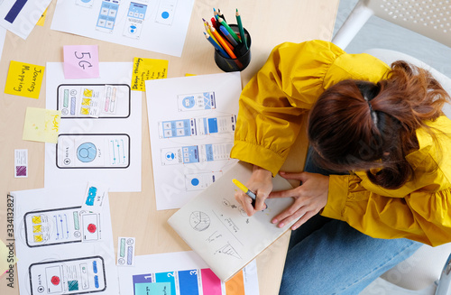 Website designer, Creative planning phone app development sketch template layout framework wireframe design, User experience, Overhead view of young woman UX designer thinking out web structure photo