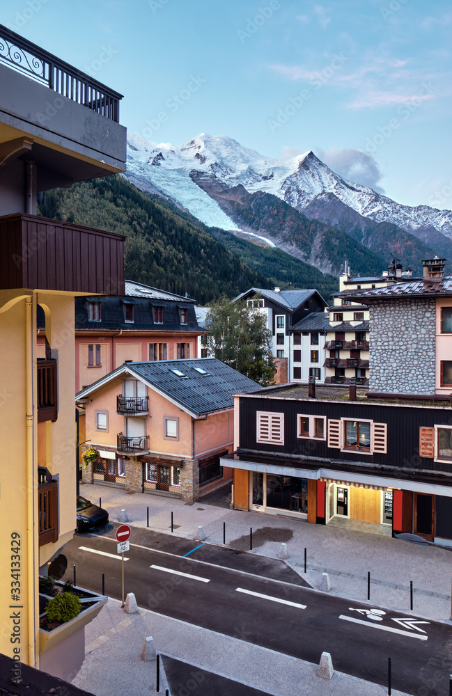 View from Chamonix to Mount Mont Blanc.