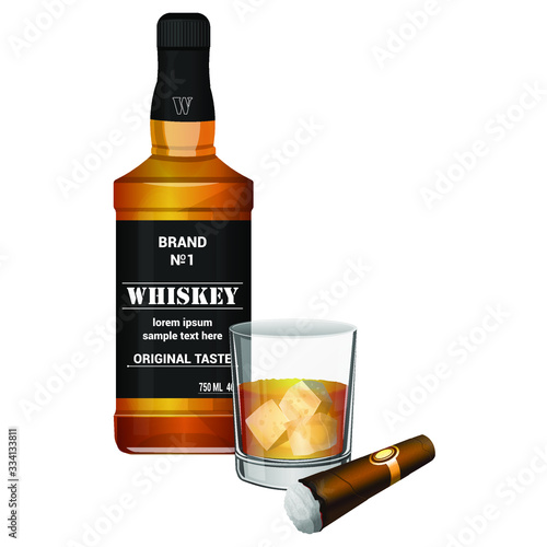A bottle of whiskey with a cigar