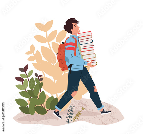 Young man carrying stack of books. Student studying and preparing for examination. Book lovers, readers, library, modern literature fans isolated on white background. Flat cartoon vector illustration